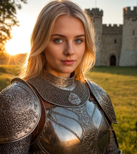 (masterpiece), (extremely intricate:1.3), (realistic), portrait of a girl, the most beautiful blonde girl in the world, (blue eyes), smiling at the camera (super intricately carved medieval armor), metal reflections, upper body, outdoors, intense sunlight, far away castle, professional photograph of a stunning woman detailed, sharp focus, dramatic, award winning, cinematic lighting, , volumetrics dtx, (film grain, blurry background, blurry foreground, bokeh, depth of field, sunset, motion blur:1.3), chainmail,.4k, 8k, highly detailed, cinematic, 8k, dramatic lighting, high detail, highly detailed, hyper realistic, intricate, intricate sharp details, 35mm photograph, film, bokeh, professional, 4k, highly detailed