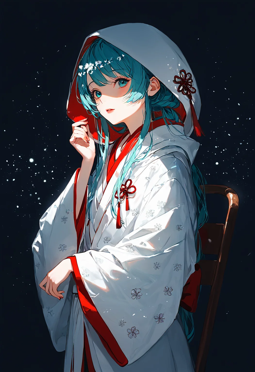 score_9,score_8_up,score_7_up,,source anime BREAK, 1girl, solo,, s1_dram, from below, on snow park chair, , , SHM13, hatsune miku, 1girl, wataboushi, uchikake, yuki miku, japanese clothes, solo, kimono, hood, sakazuki, long hair, aqua hair, dark background<lora:S1_Dramatic_Lighting_v2:0.8>,<lora:éªãã¯13:1>