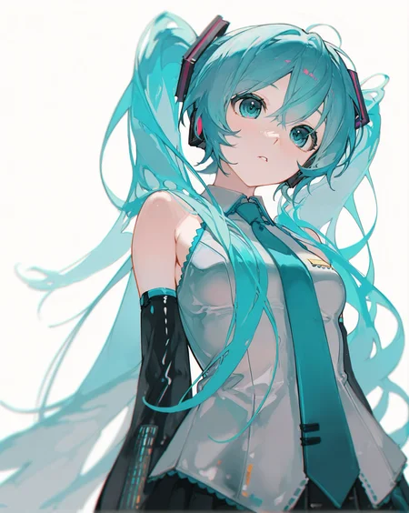masterpiece, best quality, great quality, very aesthetic, absurdres, newest, 1girl, <lora:cookieanime:0.9>, white background, standing,  hatsune miku, upper body,