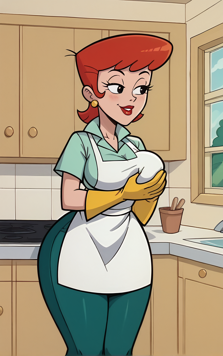 score_9, score_8_up, score_7_up, BREAK
MainOutfit_DextersMom_ownwaifu, 
1girl, aqua shirt, breasts, collared shirt, earrings, eyelashes, green leggings, narrow waist, oven mitts, red hair, red lips, short hair, thick thighs, white apron, wide hips, yellow gloves, jewelry, lipstick, makeup, apron, black eyes, short sleeves,
(breast lift, grabbing own breast, breast hold), straight-on, indoors, sidelighting, <lora:PONYXL_MOM_DextersMom_ownwaifu:0.85>, solo,