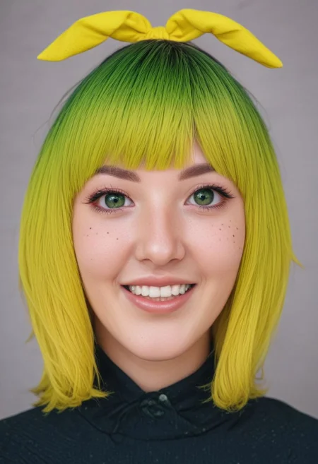 beautiful (banchan:2), big smile, Full Bangs, dark makeup, hyperdetailed photography, soft light, head and shoulders portrait, cover, freckles, (hair bow:0.8), (green hair:0.1), (yellow hair:0.4), (green eyes:1)