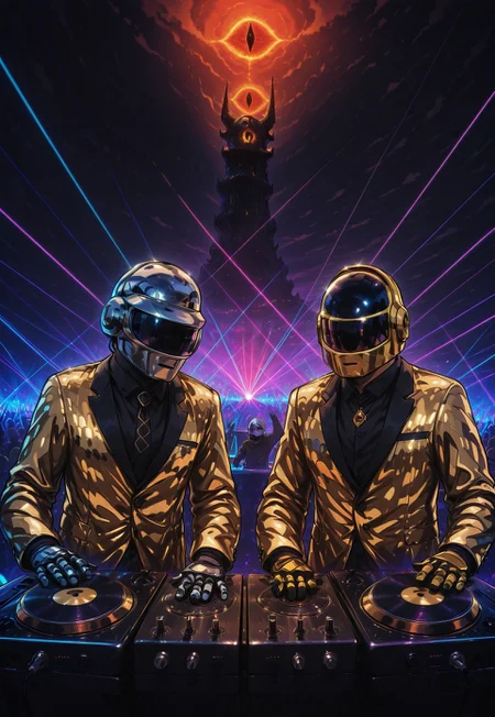 L0rd0fTh3R4v3s, daftpunk, 2boys, gold helmet, silver helmet, gold suit, shiny suit, reflective clothing, dj table, turntable, dj set, harder, better, faster, stronger, masterpiece, best quality, very aesthetic, high resolution, ultra-detailed, absurdres, newest, perfect lighting, hi res, amazing quality, painting_(artwork), beautiful, dynamic lighting, very awa,