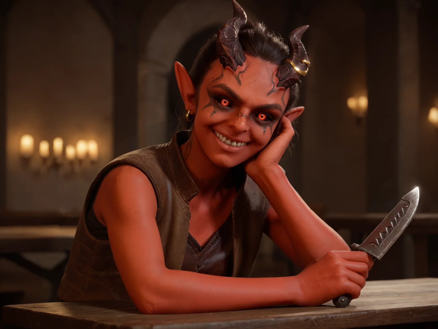 score_9, score_8_up, score_7_up, score_6_up, score_5_up, score_4_up, BREAK <lora:Molbg3:1>, б tiefling_girl, red_skin, earrings, black_ponytail_hair, horns_with_golden_jewels, red_eyes, black_sclera, ribs, 10 years old, sit on table, holding knife, evil smile, looking at viewer, head tilt, vest, (side view:0.7), (sharp teeth:1.1)