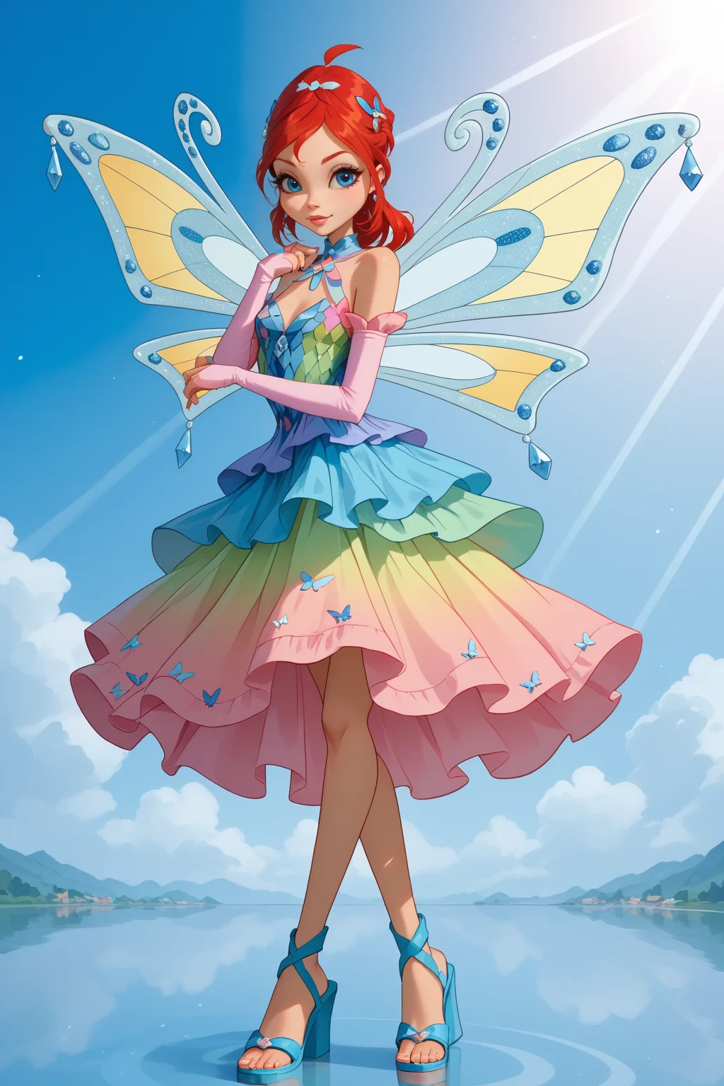 zPDXL, <lora:Character_Bloom_Winx:1>, bloom (winx),enchantix, butterfly wings, colorful dress, blue sandals, blue eyes, pink sleeves, hair ornament, red hair,