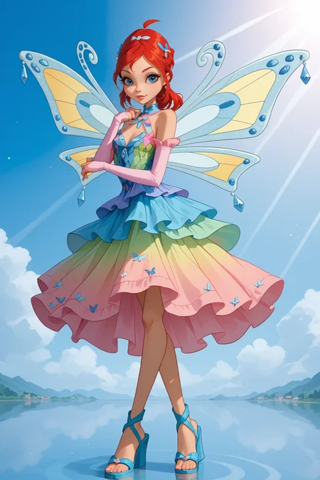 zPDXL, <lora:Character_Bloom_Winx:1>, bloom (winx),enchantix, butterfly wings, colorful dress, blue sandals, blue eyes, pink sleeves, hair ornament, red hair,