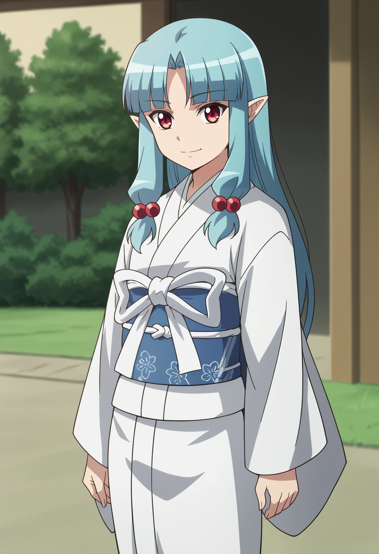 <lora:Kiriha_Obina-Tsugumomo:0.8>,1girl,solo,Kiriha Obina,pointy ears,long hair,blue hair,red eyes,bangs,anime coloring,hair ornament,hair bobbles,white kimono,sash,obi,standing, cowboy shot, looking at viewer, smile,outdoors