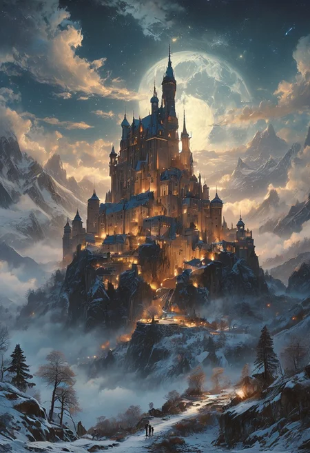 A captivating night scene illustration featuring a grand yet comfortable fortified castle standing tall on a rocky and snowy mountain. The castle, adorned with multiple windows, emits a warm glow, highlighting its intricate architecture and rich history. The snow mountain is covered in great pine trees, reflecting on the calm, moonlit snow that mirrors the silvery moonlight. The full moon graces the sky, casting an ethereal glow on the clouds and mountain, while wispy clouds partially obscure its brilliance, adding to the scene's mystique. Twinkling stars dot the sky, creating a celestial tapestry that harmonizes with the moon's radiance. This enchanting artwork captures a serene and peaceful night, where the illuminated castle stands resolute amidst the celestial beauty, creating a cinematic experience., illustration, cinematic
<lora:DonM3t3rn1tyXL-v1.1:0.7>, DonM3t3rn1tyXL,
OverallDetailXL <lora:MJ52:0.3> <lora:SDXLFaeTastic2400:0.4> <lora:EpicF4nta5yXL:0.7>