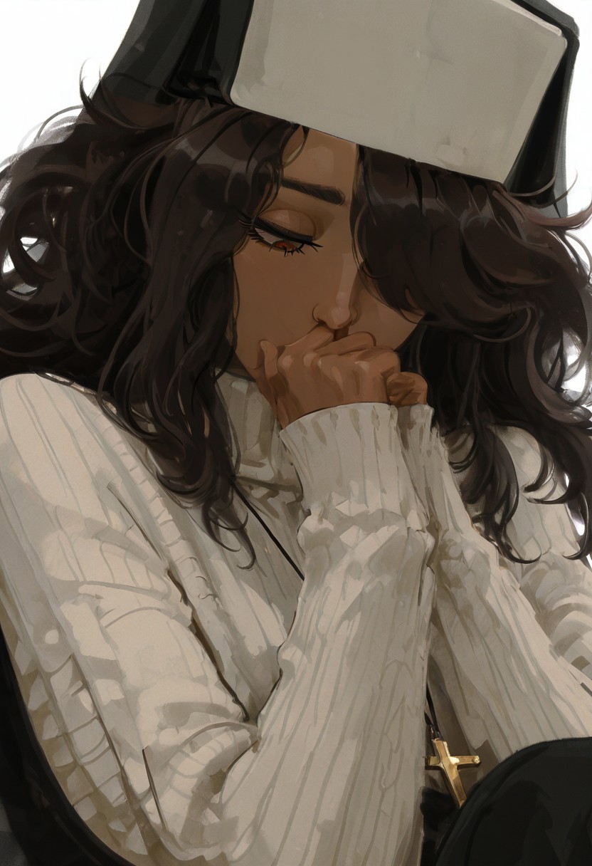 masterpiece, best quality, amazing quality, <lora:carlini_illustrious:0.8>, Carlini, dark skin, brown hair, long hair, hair over one eye, brown eyes, habit, nun , nun dress, elbow gloves, simple background, white background, sweater, eyelashes, turtleneck, looking down, half-closed eyes, portrait, pale skin, close-up, covered mouth, white sweater, long eyelashes,
wlop, nhl-001, limited palette, realistic <lora:noobai_ep11_stabilizer_v0.138_fp16:0.3> <lora:NOOB_vp1_detailer_by_volnovik_v1:0.3> <lora:nhl-002-nai:0.7> <lora:nhl-001-20:0.8> <lora:XXX667:0.6>