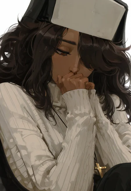 masterpiece, best quality, amazing quality, <lora:carlini_illustrious:0.8>, Carlini, dark skin, brown hair, long hair, hair over one eye, brown eyes, habit, nun , nun dress, elbow gloves, simple background, white background, sweater, eyelashes, turtleneck, looking down, half-closed eyes, portrait, pale skin, close-up, covered mouth, white sweater, long eyelashes,
wlop, nhl-001, limited palette, realistic <lora:noobai_ep11_stabilizer_v0.138_fp16:0.3> <lora:NOOB_vp1_detailer_by_volnovik_v1:0.3> <lora:nhl-002-nai:0.7> <lora:nhl-001-20:0.8> <lora:XXX667:0.6>