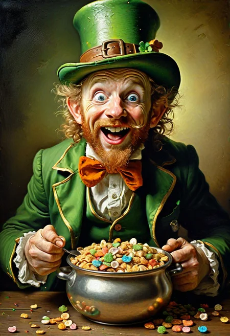 classic oil painting style, surprised leprechaun, pot of Lucky Charms cereal, mischievous glint in eye, detailed textures, rich colors, realistic lighting, Rembrandt-esque