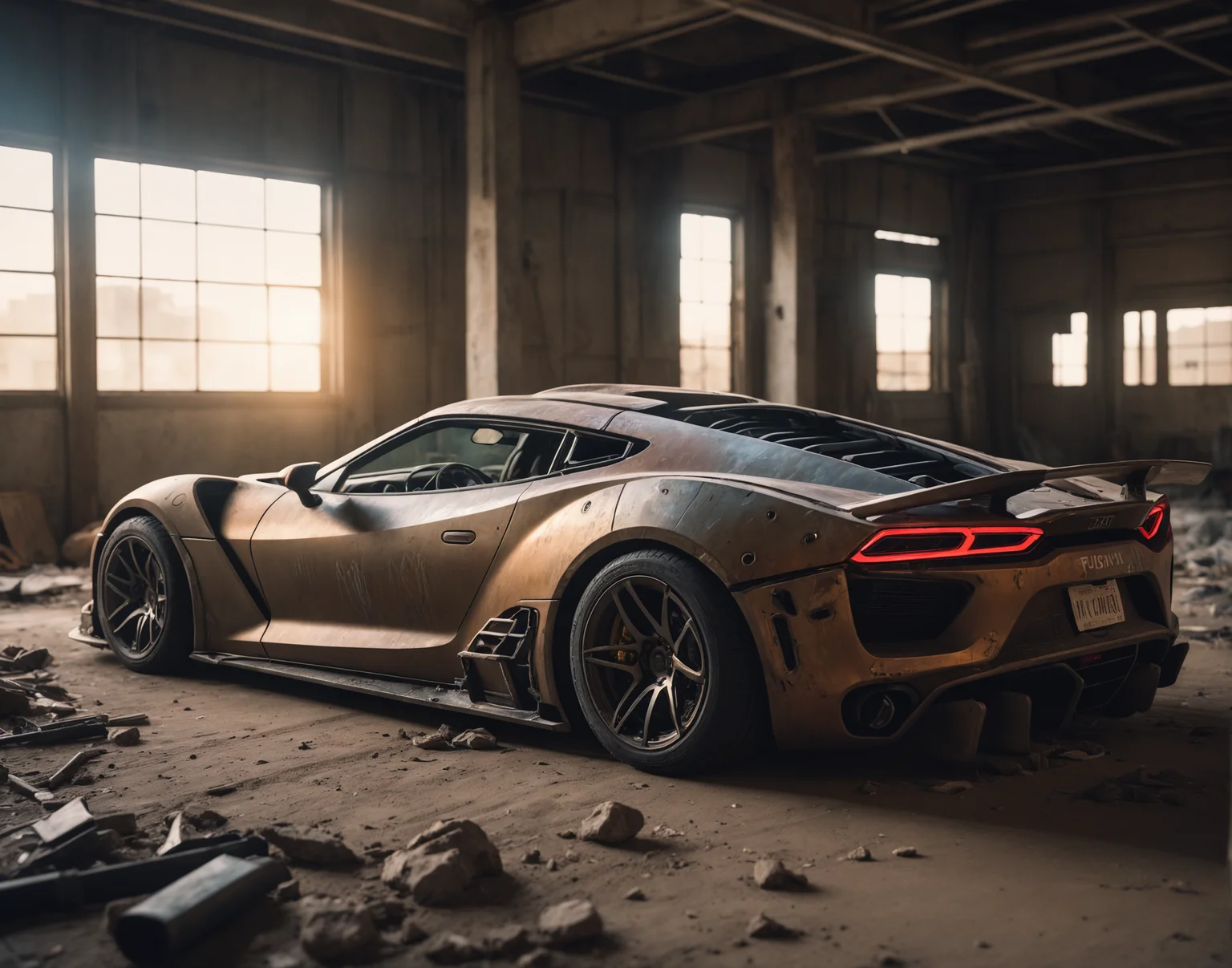 futuristic sports car, post apocalyptic, Fujichrome Provia 100F, F/8, RTX, photolab, high quality photography, 3 point lighting, flash with softbox, 4k, Canon EOS R3, hdr, smooth, sharp focus, high resolution, award winning photo, 80mm