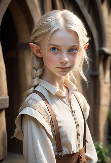 Detailed photographic portrait of a (little preteen elf), ((little girl face))), (((pointed ears:0.5))), (((Amy Smith))), (((front view))), (((full body))), (((pale skin: 1.5))), perfect face, shy pose, short whitish blonde hair, deep blue eyes, cream linen shirt brown leather pants, looking back , light smile, (((medieval atmosphere))), medieval fantasy magical atmosphere.medieval square, 18k, high definition, masterpiece