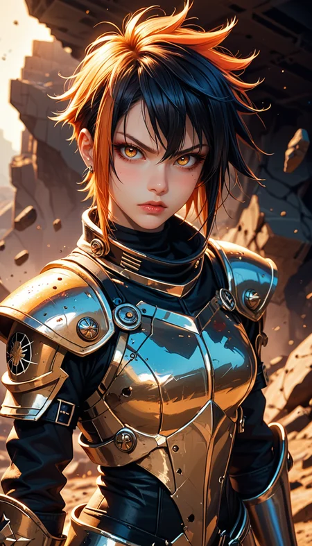 score_9, score_8_up, score_7_up, Cowboy Shot, space girl, knight girl, space punk, punk hair, stern, photo by Yoji Shinkawa and Tsutomu Nihei, black|yellow theme, battle worn armored, rubble background, 4n1v3rs3, depth of field, dynamic angle, fashion photography, sharp, hyperdetailed:1.15