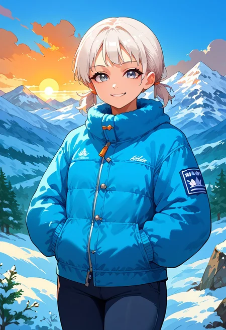 score_9, score_8_up, source_anime, 1girl, solo, white hair, short pigtails, gray eyes, from front, blue snow jacket, black snow pants, orange skiis, mountain, snowy day, sunshine, smile, looking at viewer, freebos_smoothiestyle
