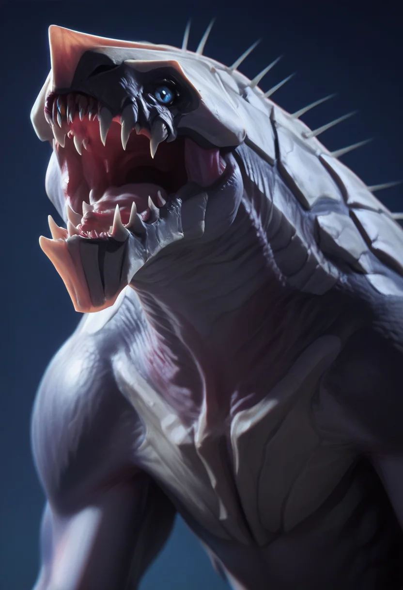score_9, score_8_up, score_7_up, score_6_up, score_5_up, score_4_up, 1girl, <lora:Khanivore:0.9> solo, monster, blue eyes, sharp teeth, teeth,
light blue background, simple background, realistic,