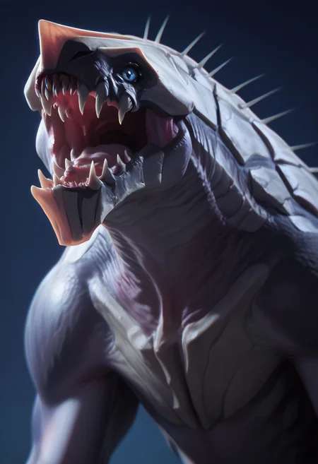 score_9, score_8_up, score_7_up, score_6_up, score_5_up, score_4_up, 1girl, <lora:Khanivore:0.9> solo, monster, blue eyes, sharp teeth, teeth,
light blue background, simple background, realistic,
