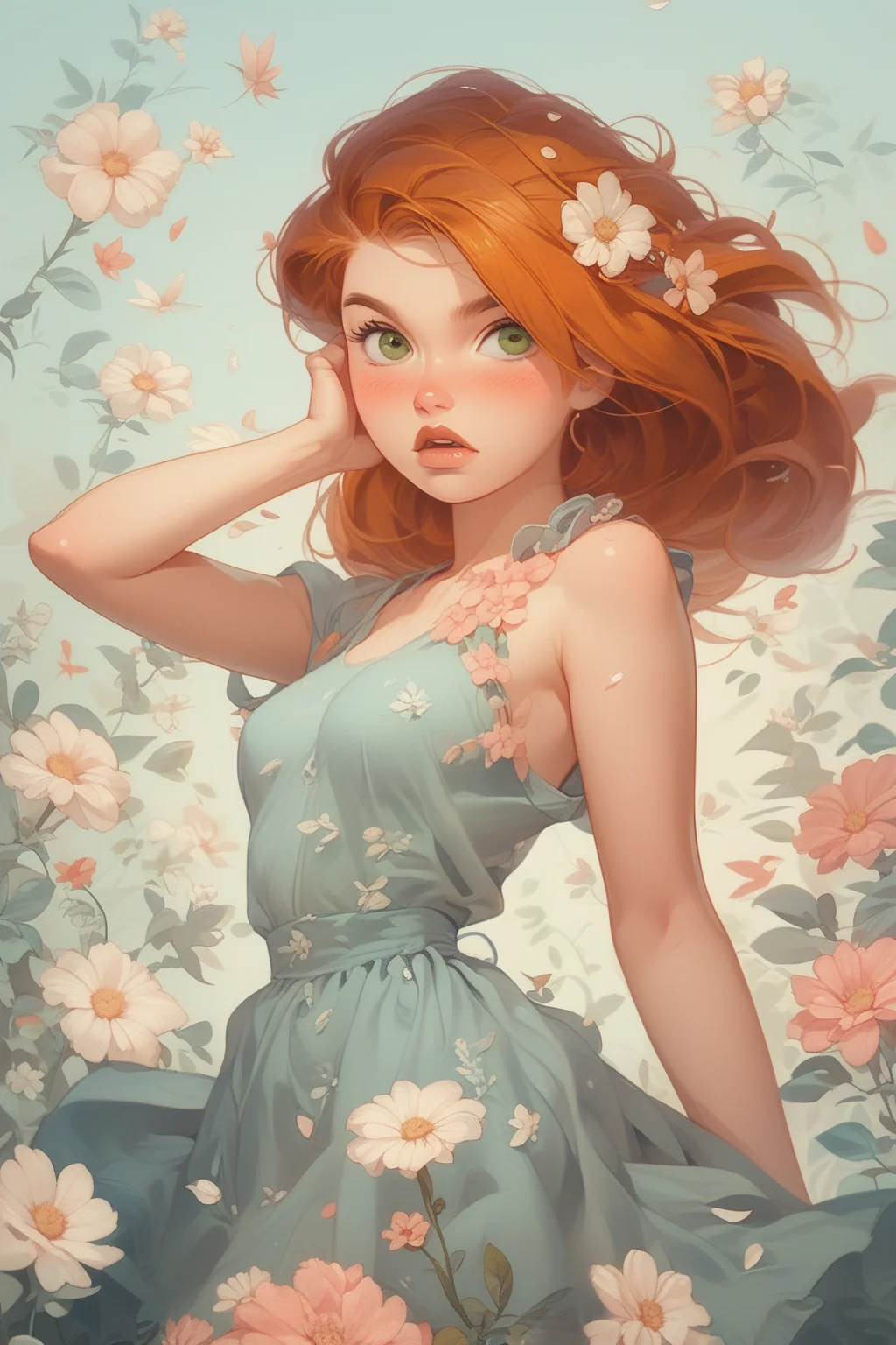 score_9, score_8, score_7 up, 1girl, kim possible, beautiful eyes, blush, fl0rald0lls, dynamic pose, summer dress, pastel background, flowers, leaf, pink flower, white flower <lora:Floral Dolls Pony Style:0.8><lora:EnvyPonyPrettyEyes01:0.7> <lora:Kim_Possible:0.8>