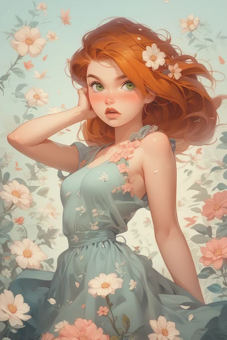 score_9, score_8, score_7 up, 1girl, kim possible, beautiful eyes, blush, fl0rald0lls, dynamic pose, summer dress, pastel background, flowers, leaf, pink flower, white flower <lora:Floral Dolls Pony Style:0.8><lora:EnvyPonyPrettyEyes01:0.7> <lora:Kim_Possible:0.8>