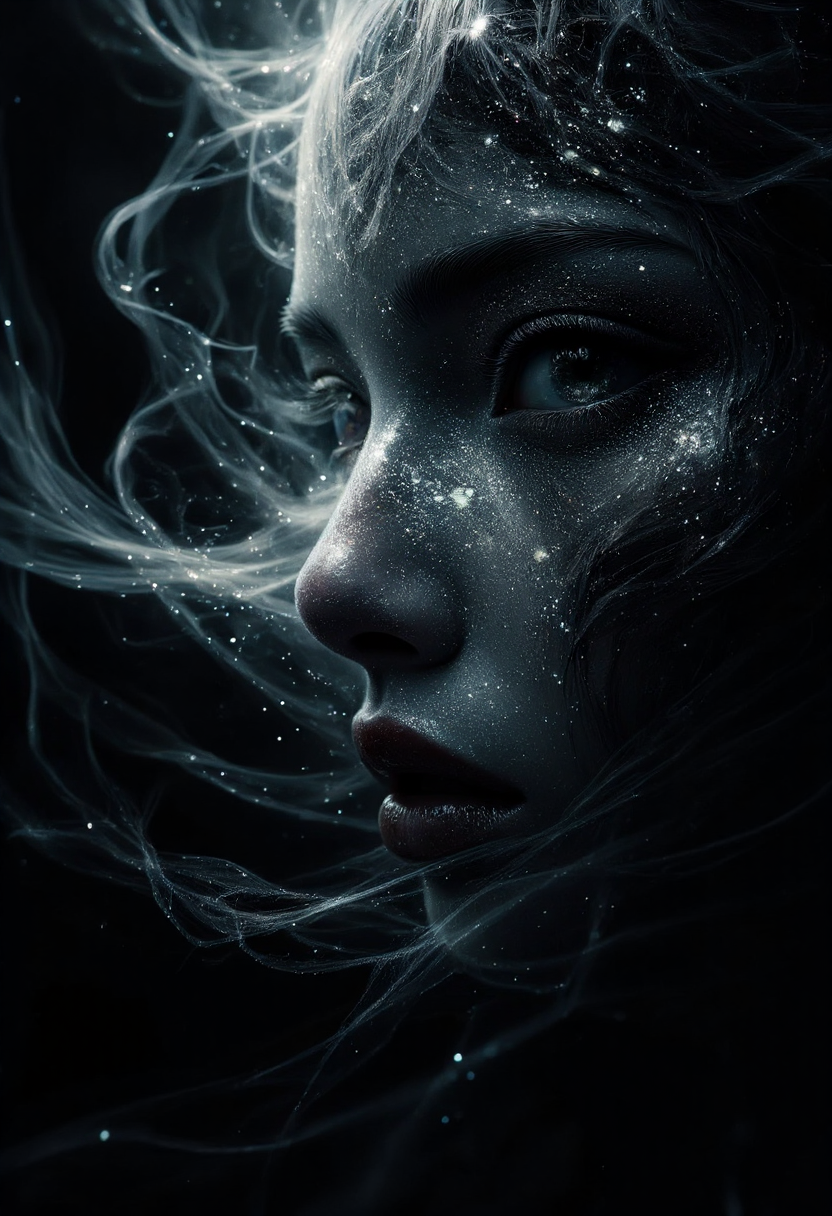 a dipiction of a hantu iban, (disintegrating and dissolving into swirling lines of fogg, smoke and particles:1.3) blending with the black background, blending form with reality. Framed in thick volumetric fog. diffused light, delicatly, whispering, eye catching masterpiece artwork. drifting fog, cracked light and smokey haze in floating threads finishes the dreamlike reality.