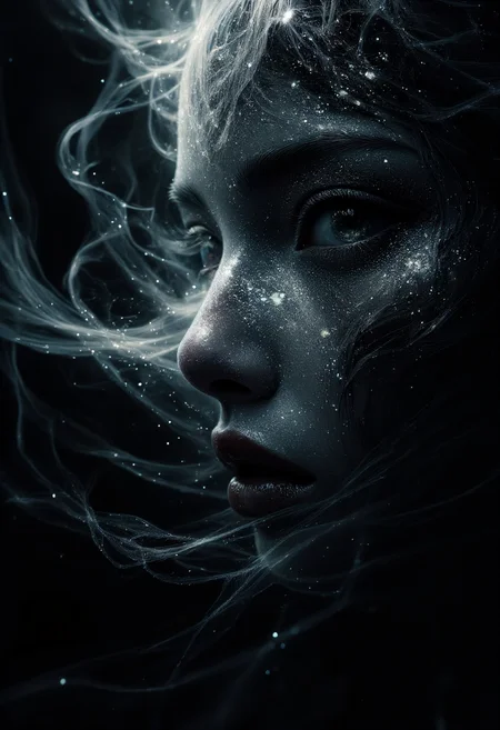 a dipiction of a hantu iban, (disintegrating and dissolving into swirling lines of fogg, smoke and particles:1.3) blending with the black background, blending form with reality. Framed in thick volumetric fog. diffused light, delicatly, whispering, eye catching masterpiece artwork. drifting fog, cracked light and smokey haze in floating threads finishes the dreamlike reality.