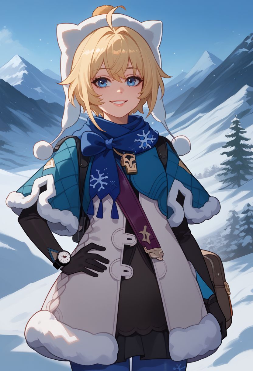 score_9, score_8_up, score_7_up, source_anime, 1girl, lynxlandaudef, 1girl, blue eyes, blonde hair, short hair, ahoge, hat, blue scarf, fur trim, fur-trimmed capelet, blue capelet, white jacket, winter clothes, blue pantyhose, snowflake print, black elbow gloves, watch, fur-trimmed boots, bag, standing, smile, looking at viewer, outdoors, snow, mountain, close-up, facing viewer, hand on hip, upper body, <lora:LynxLandau_v1-000010:1>