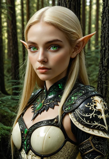 1girl, elf, elegant, ethereal, beautiful, 22yo, green eyes, glowing eyes, (adult:1.3), safe,
blonde, perfect female anatomy, 
forest background, godrays, depth of field, face focus, dramatic lighting, detailed shadows,
armor made out of, ebony, ivory, scrimshaw, bone carving,
 <lora:Ebony_and_Ivory_Scrimshaw_style_-_SDXL:1>,, masterpiece, best_quality, amazing_quality, very_aesthetic, 8k, high_quality, highres, absurdres, subject_focus,, detailed eyes, perfect eyes, realistic eyes,