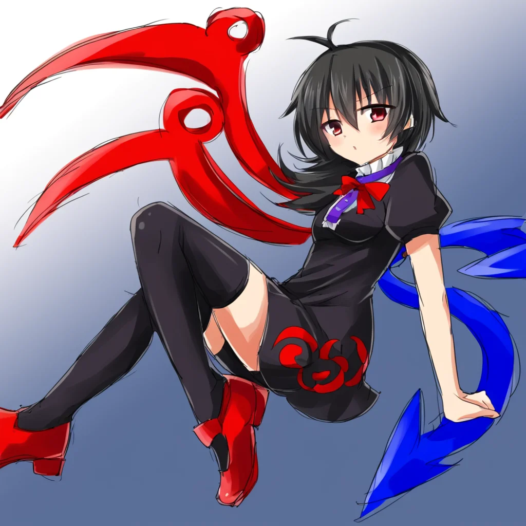 <lora:Houjuu Nue_epoch_10:1> houjuu nue, black hair, asymmetrical wings, short dress, black dress, short sleeves, black thighhighs, red shoes