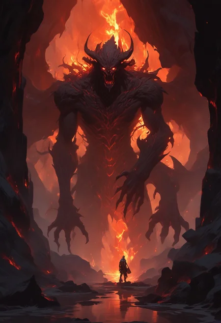 "Inside a vast, dark volcanic cave, the walls glow with the fiery red-orange light of molten lava flowing through cracks in the stone. In the center of the cave stands Shadow Fiend, Nevermore, a towering, menacing figure cloaked in darkness and shadowy flames. His glowing red eyes pierce through the gloom as he stands tall, his sharp claws outstretched, radiating an aura of dread and power. The ground beneath him is scorched, with small embers rising around his feet. He looks down the cave tunnel with a mix of impatience and malevolence, waiting for a worthy challenger to step into his domain. The scene is filled with an intense, oppressive atmosphere, with smoke and heat swirling in the air, making the cave feel like the very heart of a volcano."