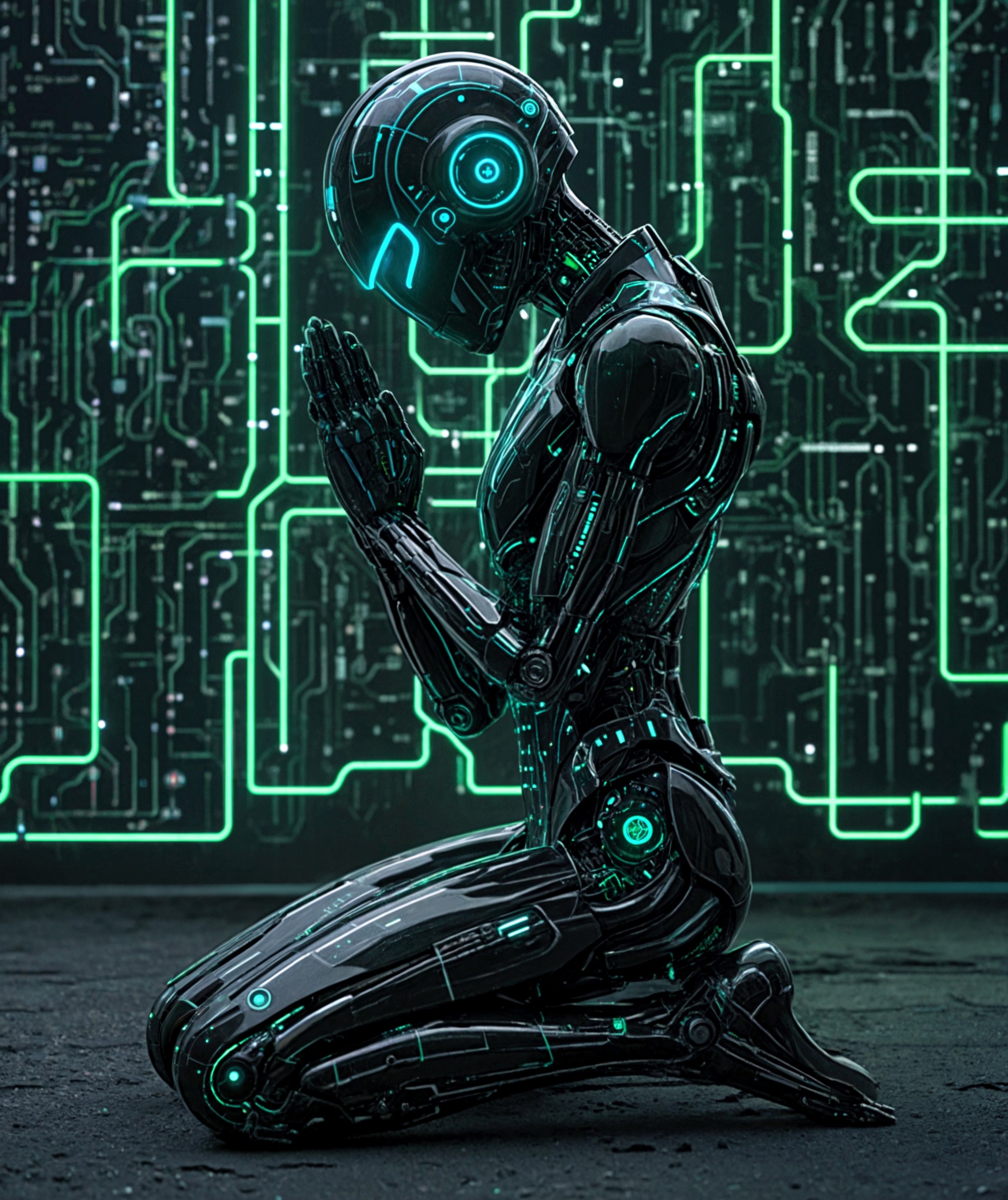 anime, full body of slim sleek droid kneeling on the ground, his head in his hands, helmet with blue green luminous circuits , anntenas on the head, intricate futuristic details, matrix code background