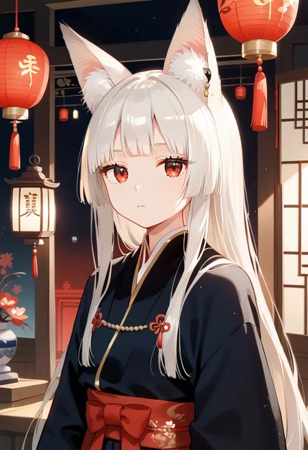 score_9, score_8_up, score_7_up, score_6_up , (masterpiece, best quality:1.4), 
high detailed background,(young-fox-girl:1.6), (white-hair:1.5), (red-eyes:1.6), (hanfu:1.4), (anime-style:1.5), (expressionless:1.6), (cold-stare:1.5), (fox-ears:1.4), petite, long-sleeves, (flowing-hanfu:1.3), (minimal-expression:1.5), hair-ornaments, soft-color-palette, traditional-chinese-patterns, (dim-lighting:1.2), ancient-chinese-room, lanterns, sliding-doors, cinematic, digital-illustration