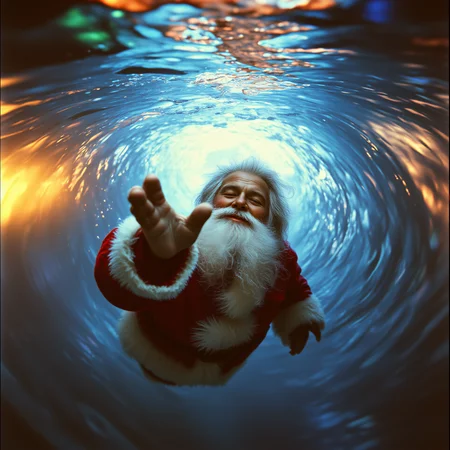 A warm, golden light spills across the scene, reminiscent of Terrence Malick's cinematography, as a middle-aged Santa Claus, with a worn, gentle face and a wild shock of white hair, tumbles through a swirling, iridescent underwater vortex, his bright red suit a stark contrast to the deep blues and purples of the whirlpool, which shimmers with a mesmerizing, fractal pattern, like a Mandelbrot set, as he stretches out a hand, his eyes closed in wonder, towards a blazing, electric blue light source, the water around him distorted, as if seen through a heat haze, with a subtle film grain and a muted color palette, evoking a sense of mysticism and awe.