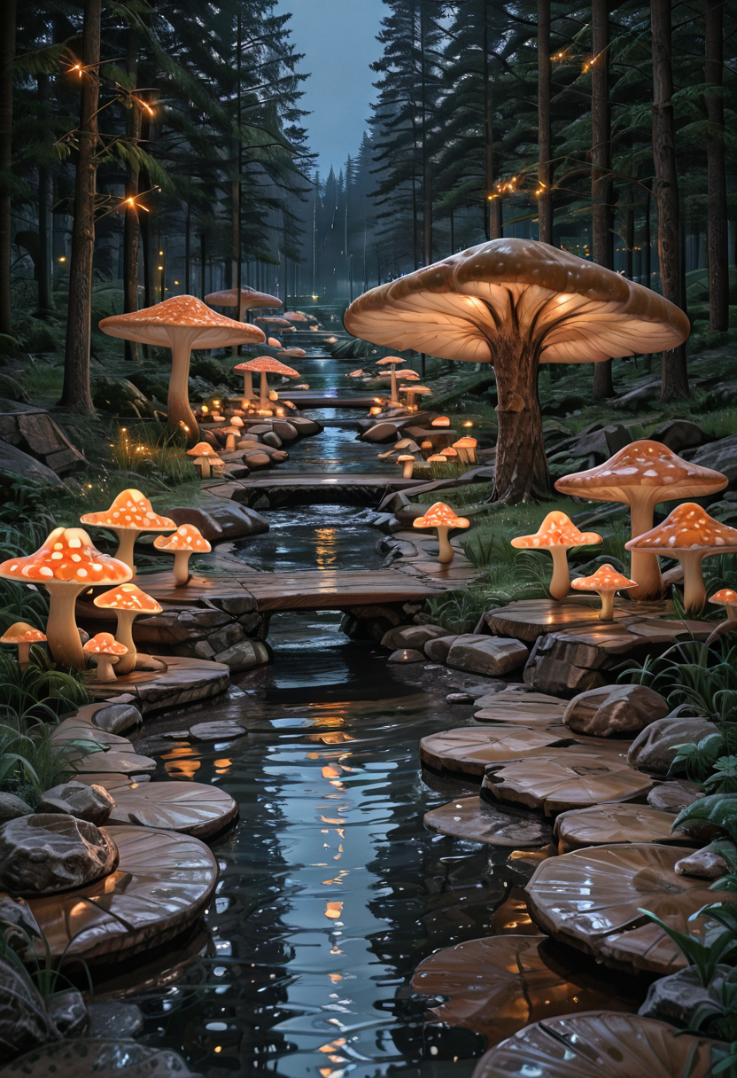 masterpiece, best quality,    (giant mushrooms),   N4t4rch, night, glowing lights, water, tree, grass, forest, reflection, rain, rock, pond, river,   , <lora:NatureArchitecture_IXL:0.7>,