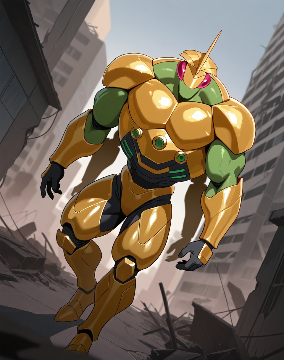 <lora:Ultimate_Katris_(Shinzo)_(Illustrious)_(AD):1.35> Ultimate Katris, muscular, mantis, Shinzo, 
((
exterior, bent leg, anime post apocalyptic city, destroyed buildings, destroyed skyscrapers, buildings laying at an angle or on the side, dutch angle, side view, 
dynamic action, insect anthro, male focus, strong warrior, manly, bounty hunter, villain, glossy gold armor, manly, masculine, 4arms, four armed, hyper muscular, perfect proportions, 
)), 
BREAK: very awe, aesthetically pleasing, masterpiece, best quality, amazing quality, very aesthetic, perfect depth of field shot, gradient coloring, subsurface reflections, source_furry, furry_art, vivid colors, source_anime, masterclass anime,
masterpiece, best quality, amazing quality, very aesthetic, high resolution, ultra-detailed, absurdres, newest, scenery, {Prompt}, BREAK, detailed background, volumetric lighting,
BREAK: lazympos, lazypos (3),