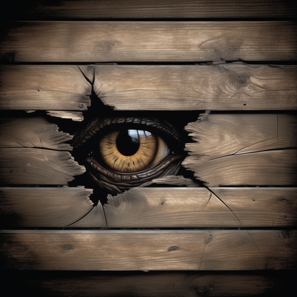 hole,A photorealistic image of a wooden wall that is cracked and weathered, showing signs of age and distress. Through the cracks in the wood, a pair of menacing eyes should be visible, glowing subtly in the dark background. The eyes should evoke a sense of dread and intensity, as if belonging to a predatory creature lurking in the shadows. The wooden wall should have realistic textures, with splinters and grain visible. The lighting should be dim, emphasizing the darkness behind the wall and making the eyes stand out as the focal point, <lora:hole2:0.6>