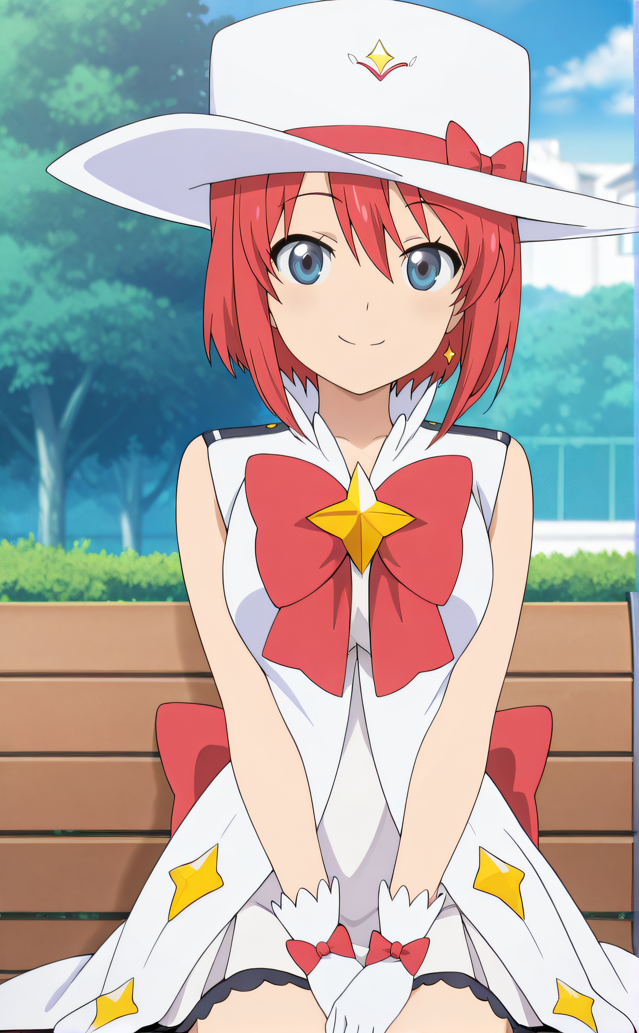 masterpiece, best quality, highres, newest, 1girl, solo, official style, anime screencap, <lora:Magical_Girl_Outfit:1>, houkagogirl, magical girl, red bow, white hat, red hair, short hair, blue eyes, looking at viewer, smile, outdoor, cowboy shot, sitting on bench, medium breasts