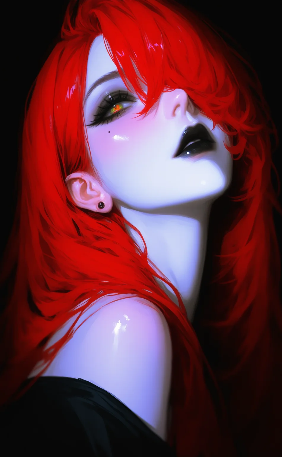 masterpiece, best quality, good quality, very awa, very aesthetic, absurdres, newest,1girl, solo, longhair, side profile, flame red hair, long hair, hair over one eye, fingernails, eyelashes, full lips, mole under eye, Pale white skin, makeup, half-open eyes, portrait, lipstick, close up, nose, stud earrings, black lips, mascara, realistic, Cinematic Lighting, bare shoulder, solemn look, a black mamba snake sits on her shoulders looking at her <lora:noobai_ep11_stabilizer_v0.138_fp16:0.3> <lora:NOOB_vp1_detailer_by_volnovik_v1:0.3> <lora:ponyv4_noob1_2_adamW-000017:0.7> <lora:USNR_STYLE_ILL_V1_lokr3-000024:0.7>