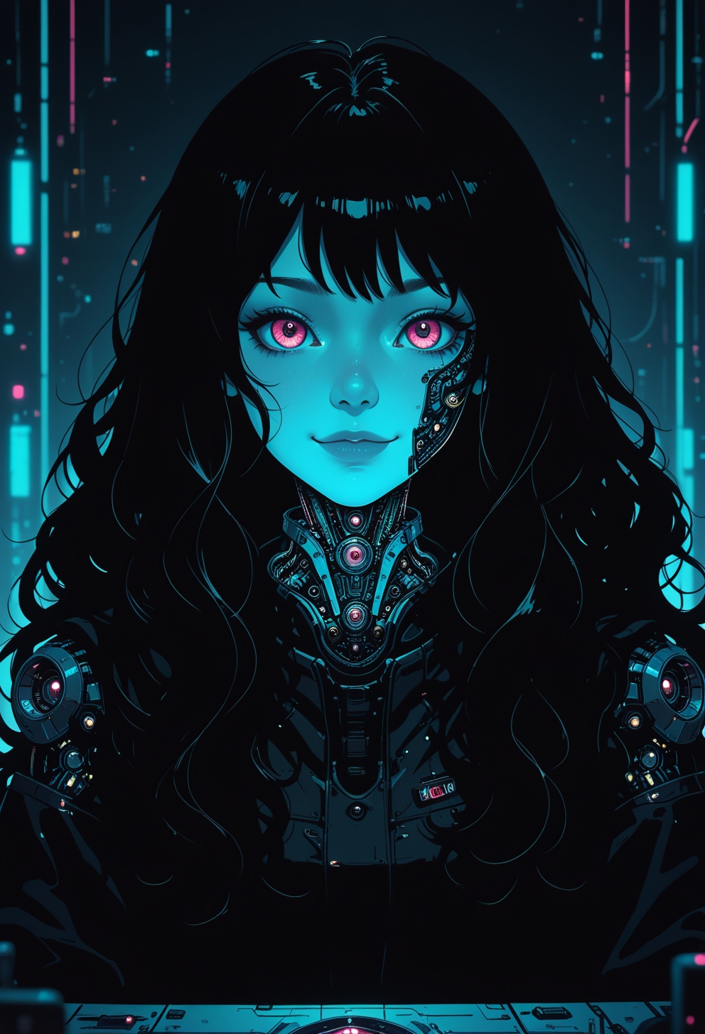 <lora:ck-nc-cyberpunk-IL-000011:1>,  masterpiece, best quality, good quality, very aesthetic, absurdres, newest, 8K, depth of field, focused subject, 1girl, portrait, long hair, wavy hair cascading around her face, smile, Subtle mechanical features are integrated into her face and neck, blending seamlessly with her natural beauty, sitting, chiaroscuro style, extreme contrast between light and shadow, creating a dramatic moody effect, futuristic glow. The contrast of neon pink and black enhances the surreal atmosphere, blending organic beauty with mechanical details for a striking cybernetic aesthetic, dynamic angle, in the style of cknc
<lora:MoriiMee_Gothic_Niji_Style_Illustrious_r1:0.4>