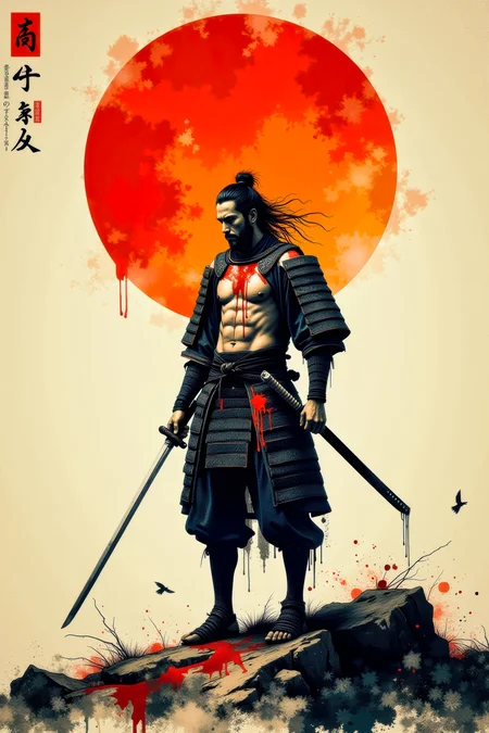 A minimal traditional japanese ink painting of the last weary Japanese samurai standing alone after an intense battle. He wears no armor nor any helmet. He holds his sword in hand. He is battered, bruised, and bleeds from several minor wounds. He is weary, disgusted, disheartened, and saddened at the lives that were lost. An orange rising sun hangs in sky behind him. This is a full frame body shot, from head to feet, providing a environmental wide angle view of the entire body. Intricate details, masterpiece, best quality. Soft volumetric lighting. <flux_realism_lora:0.42> <FluxDFaeTasticDetails:0.36> <BaroqueColorful:0.48>