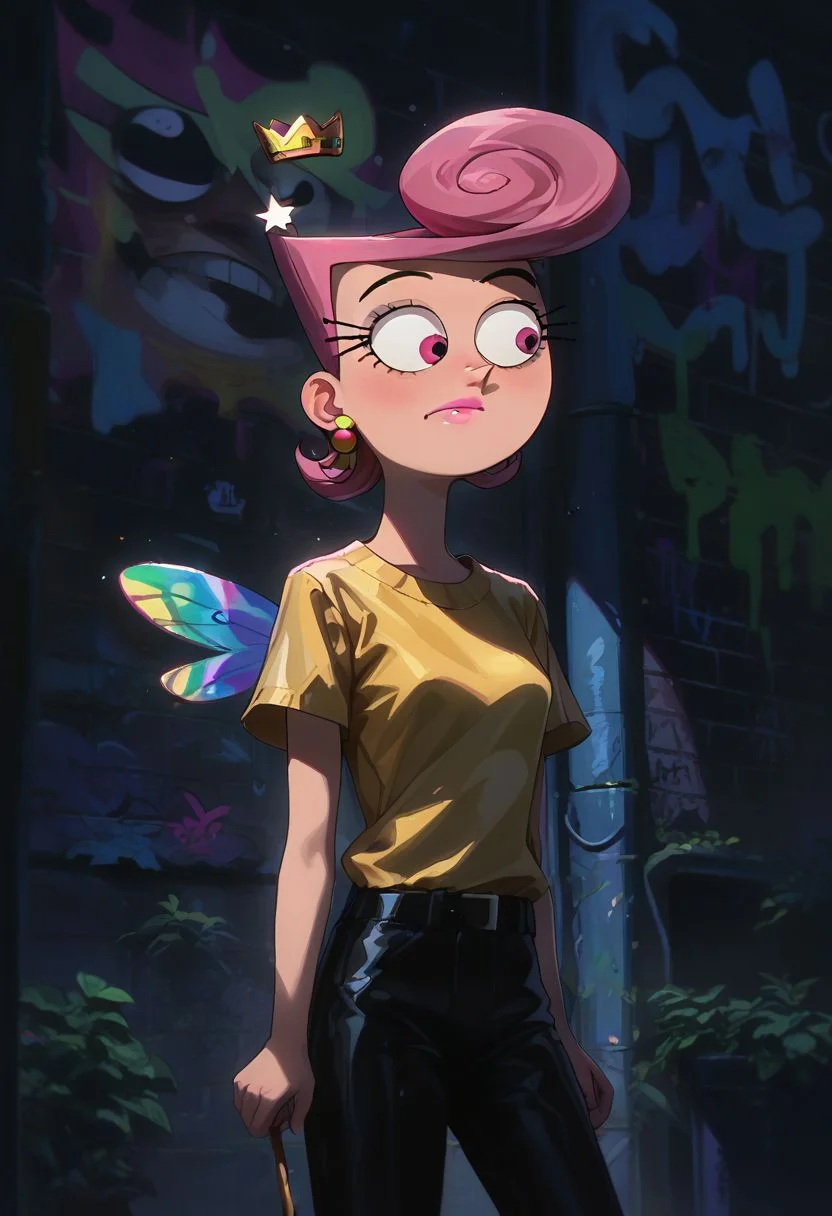 score_9, score_8_up, score_7_up, detailed,
1girl, wanda (/Fairly OddParents)/,(ultra HD quality details), pink hair, pink eyes, pink lipstick, earrings, wings, wand, floating fairy,
yellow shirt, black pants, crown, solo, intricate details, chromatic aberration, realistic, sharp eyes,
night, Low-key lighting, dark, against wall, brick wall, graffiti, dim lighting, alley, looking at viewer