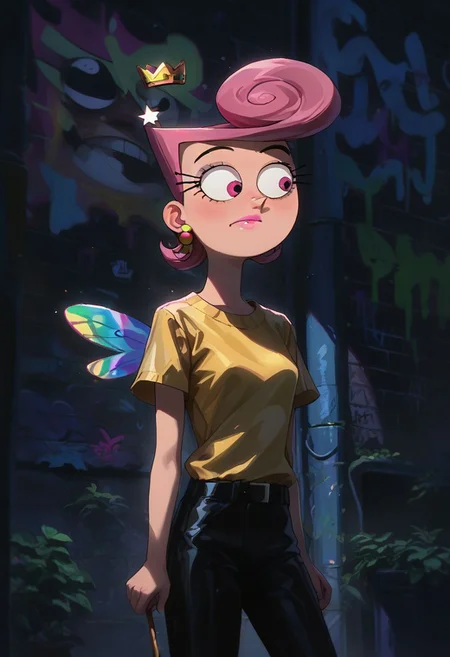 score_9, score_8_up, score_7_up, detailed,
1girl, wanda (/Fairly OddParents)/,(ultra HD quality details), pink hair, pink eyes, pink lipstick, earrings, wings, wand, floating fairy,
yellow shirt, black pants, crown, solo, intricate details, chromatic aberration, realistic, sharp eyes,
night, Low-key lighting, dark, against wall, brick wall, graffiti, dim lighting, alley, looking at viewer