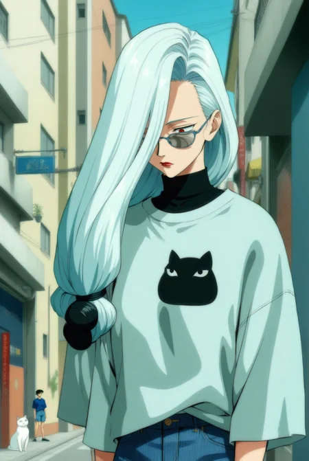 1girl, mei mei \(jujutsu kaisen\), jujutsu kaisen , (90s anime style:1.5), front view, outdoors, street view, (looking down:1.3), perfecteyes, shirt, denim shorts, (a single white cat sitting next to them) <lora:detailed_notrigger:1> <lora:ParchartXL_CODA:0.2> <lora:Isometric Cutaway:1> <lora:PerfectEyesXL:1> <lora:Surreal Harmony:0.2>