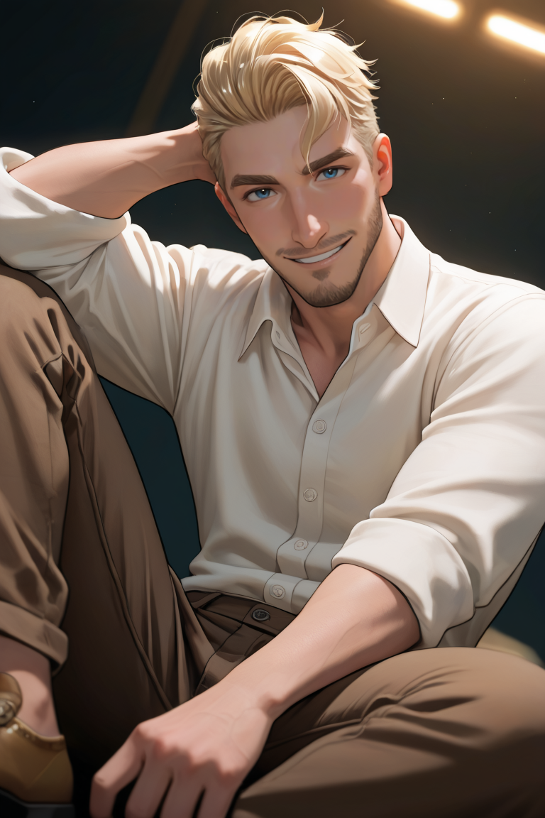 best quality, amazing quality, very aesthetic, absurdres, newest, dynamic angle, intricately detailed illustration, depth of field, masterpiece, volumetric lighting, expressive, dynamic action, masterpiece, perfect, clean detail, clean lines, smooth shading, 
BREAK, simple background, smiling, looking at viewer, casual pose,
BREAK, 1boy, male focus, solo,coralscott,blonde hair,short hair,blue eyes,facial hair, white collared shirt, rolled-up_sleeves, brown pants, brown shoes