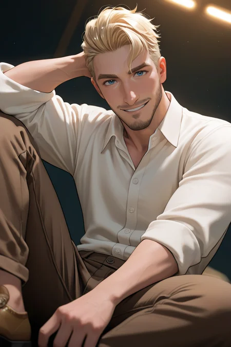 best quality, amazing quality, very aesthetic, absurdres, newest, dynamic angle, intricately detailed illustration, depth of field, masterpiece, volumetric lighting, expressive, dynamic action, masterpiece, perfect, clean detail, clean lines, smooth shading,
BREAK, simple background, smiling, looking at viewer, casual pose,
BREAK, 1boy, male focus, solo,coralscott,blonde hair,short hair,blue eyes,facial hair, white collared shirt, rolled-up_sleeves, brown pants, brown shoes