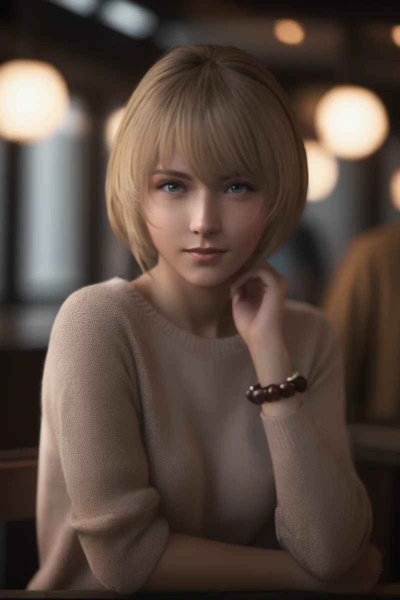 cinematic photo 1girl,mid_telamon,looking at viewer,<lora:mid_sdxl_V2:0.65>,upper_body,sweater,restaurant, . 35mm photograph, film, bokeh, professional, 4k, highly detailed