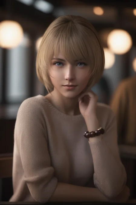 cinematic photo 1girl,mid_telamon,looking at viewer,<lora:mid_sdxl_V2:0.65>,upper_body,sweater,restaurant, . 35mm photograph, film, bokeh, professional, 4k, highly detailed