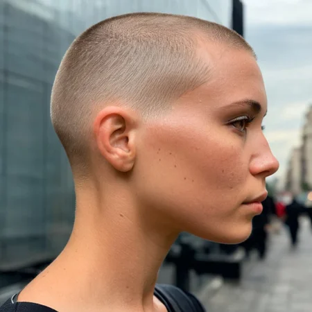 Buzzcut, no hair, bald, Blade Runner style, (Skin Texture, pores, natural,iPhone,RAW)), natural lighting, Highest Quality closeup Portrait photo of a woman wearing no makeup with a ((buzzcut)), side view, profile, silver eyes, Nikon Z9, realistic matte skin, blurry city in the background, 8K,