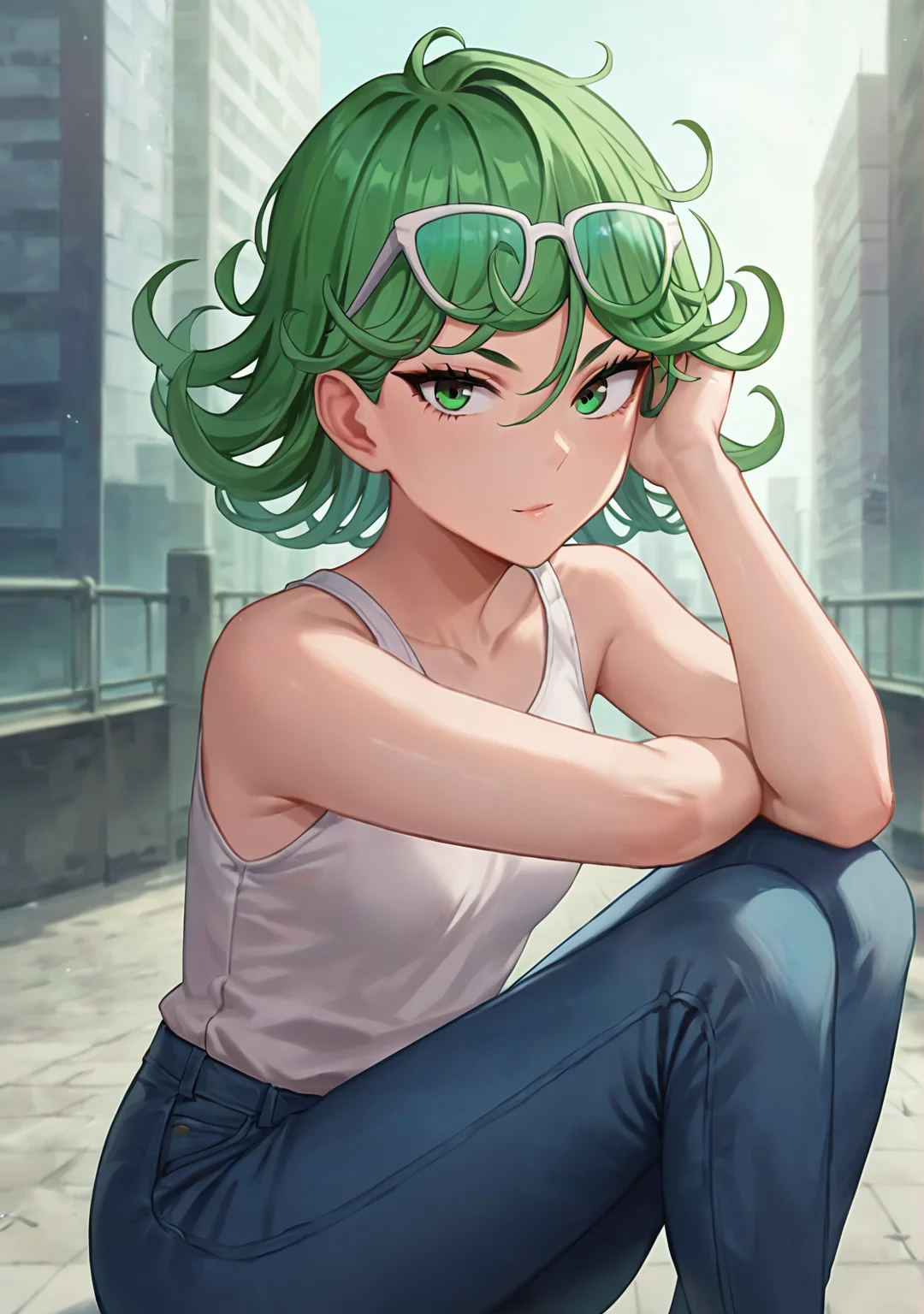 score_8_up, score_7_up, score_6_up, score_5_up, score_4_up, anime screenshot, looking at viewer, upper body,
<lora:Tatsumaki (Autism SDXL)-000007:0.7> 1girl, tatsumaki, green hair, green eyes, short hair, curly hair, thighs, looking at viewer,
white tank top, jeans, eyewear on head,
BREAK
on floor, looking at viewer, city,