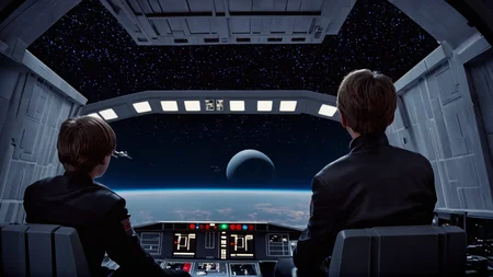 cinematic film still of <lora:star wars style v2:0.2>
<lora:detailed:0.4> detailed
<lora:perfection style:0.4> perfect
<lora:Chiaroscuro Lighting Style:0.2>
<lora:Death Star:0.6>
Death Star two officer people from behind sitting in a cockpit looking at a death star,short hair,brown hair,black hair,hat,jacket,male focus,outdoors,multiple boys,sky,2boys,from behind,black jacket,black headwear,night,building,star (sky),night sky,starry sky,beanie , star wars style, shallow depth of field, vignette, highly detailed, high budget, bokeh, cinemascope, moody, epic, gorgeous, film grain, grainy