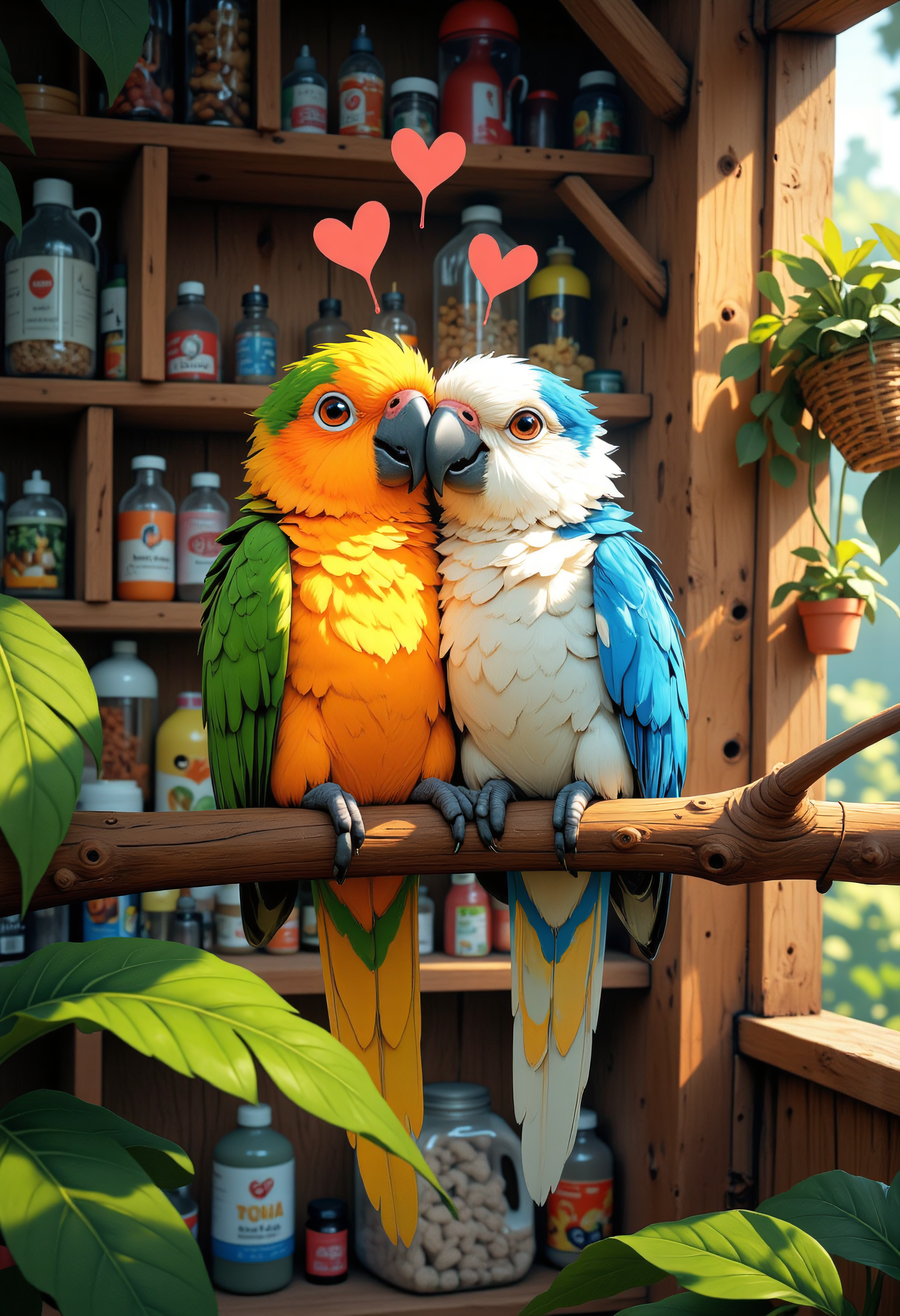 a digital painting depicting two little wavy parrots, nestled on a branch, they snuggle up to each other with hearts above them. The scene takes place in a pet store, where the lighting is daylight, summer, The general atmosphere radiates warmth, comfort and love.
