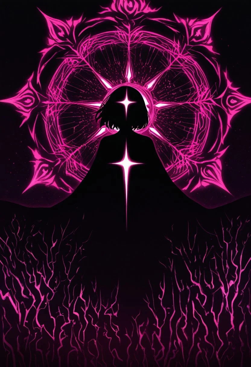 dark energy, intricate design, dark background, extremely detailed, predominant pink tones, one woman silhouette, best quality, blacklight illumination, spot colors, very aesthetic, vibrant magenta hues, portal to another world, masterpiece
